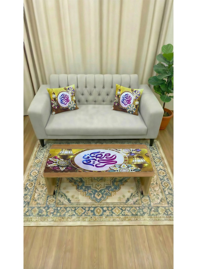 طقم ديكور رمضان 3 قطع - مفرش طاولة (130×43 سم) مع 2 غطاء خدادية (45×45 سم) بتصميم فانوس وخط عربي